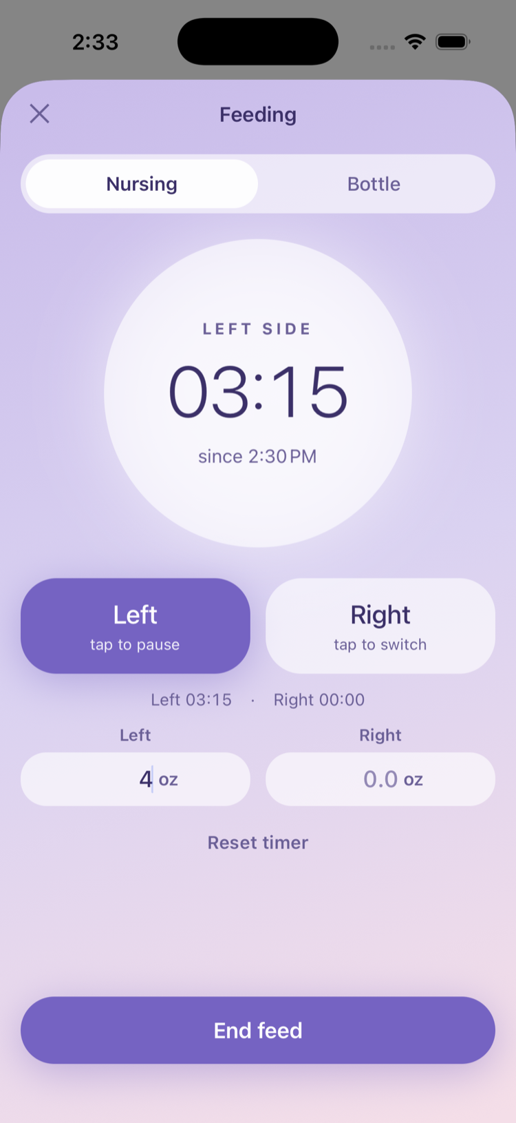 Cradle nursing timer showing left-side elapsed time and per-side ounce entry.