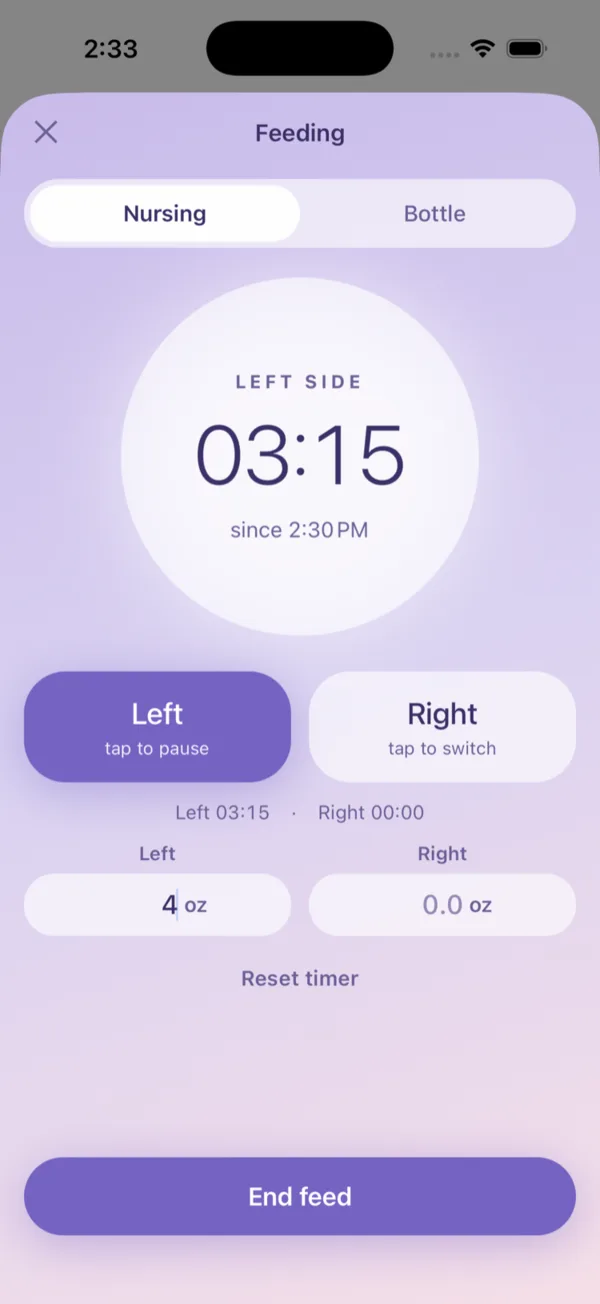 Cradle nursing timer showing left-side elapsed time and per-side ounce entry.