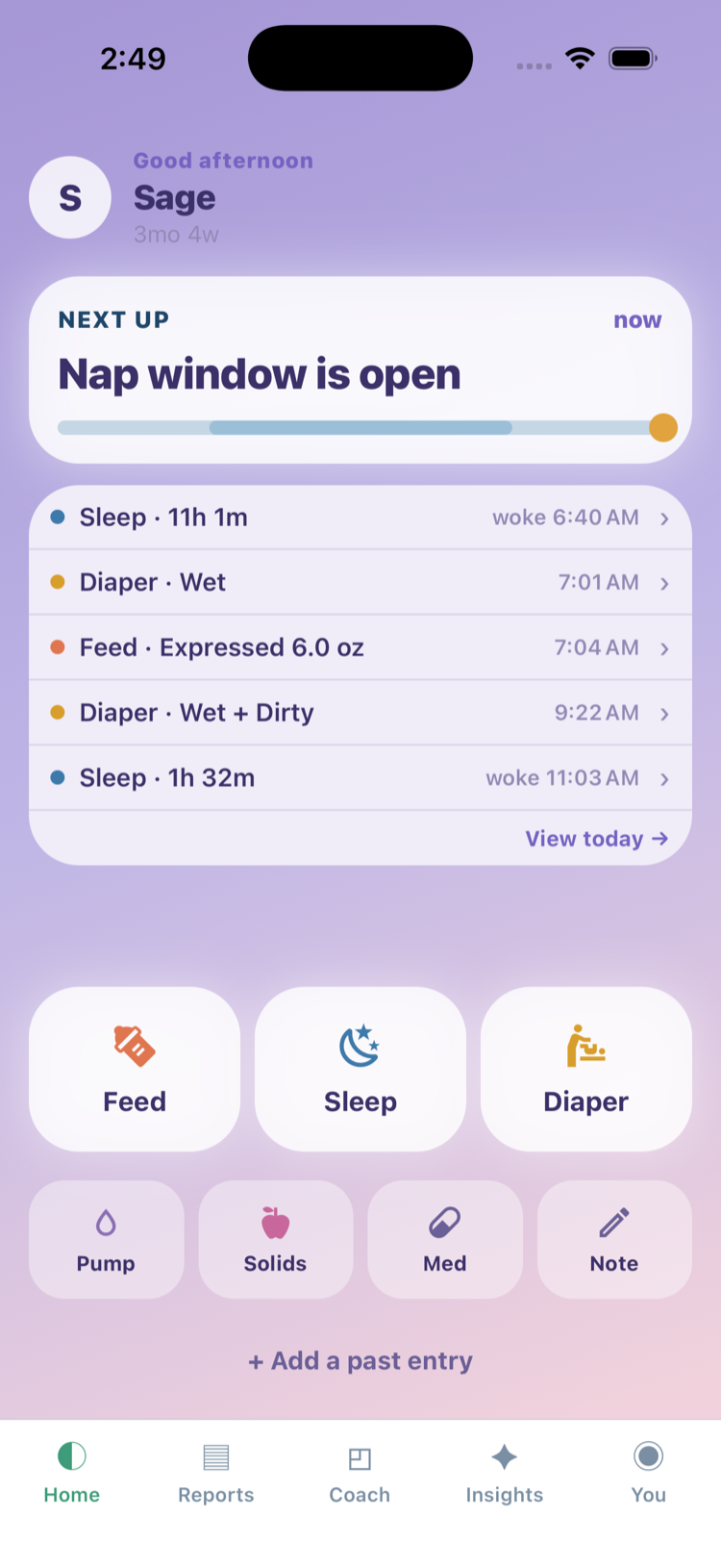 The Cradle home screen: next-up nap window, today's log, and one-tap Feed, Sleep and Diaper buttons.