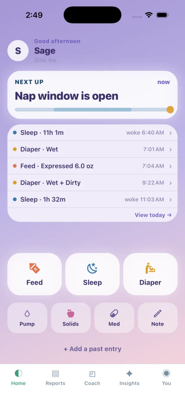 The Cradle home screen: the next nap window, today's log, and one-tap Feed, Sleep and Diaper buttons.