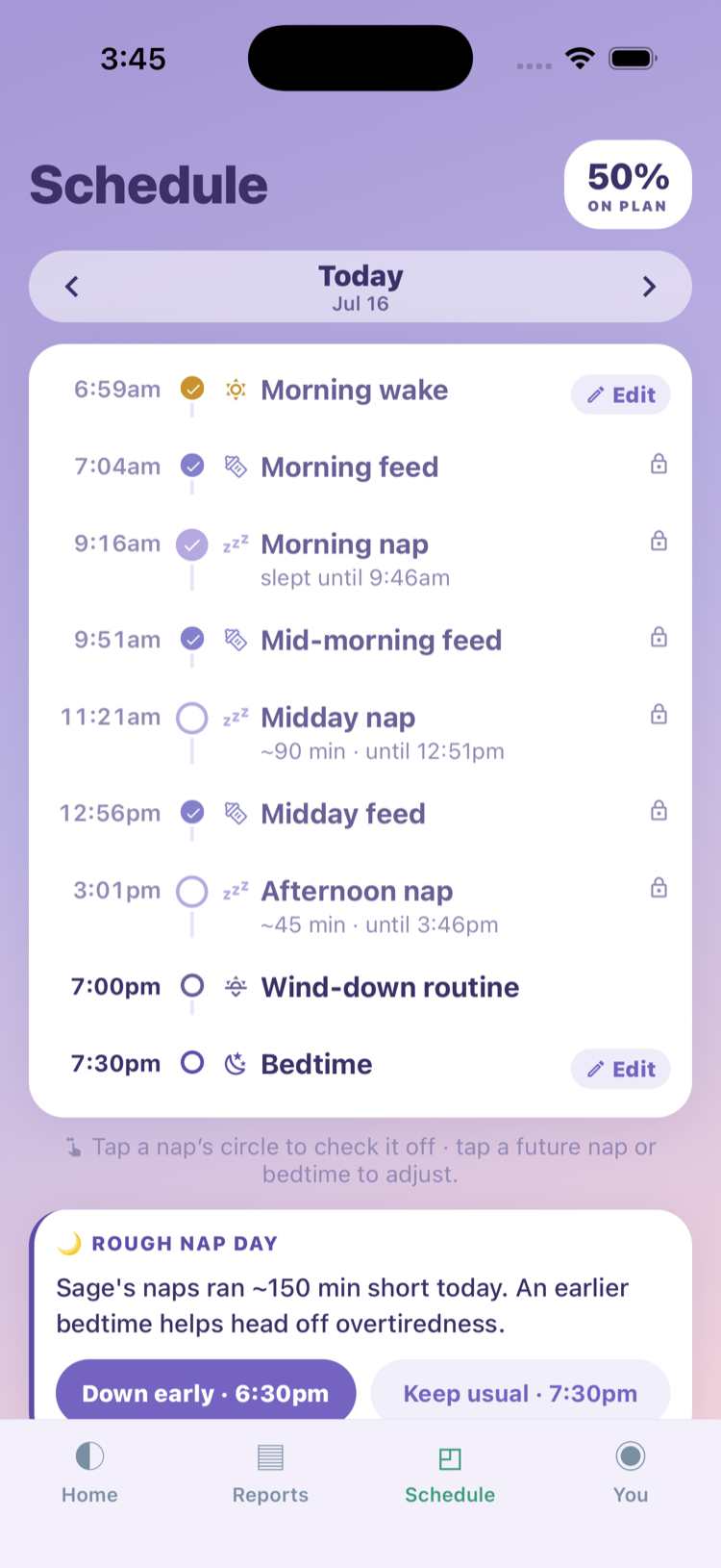 Cradle schedule screen showing today's plan from morning wake to bedtime with check-off circles.