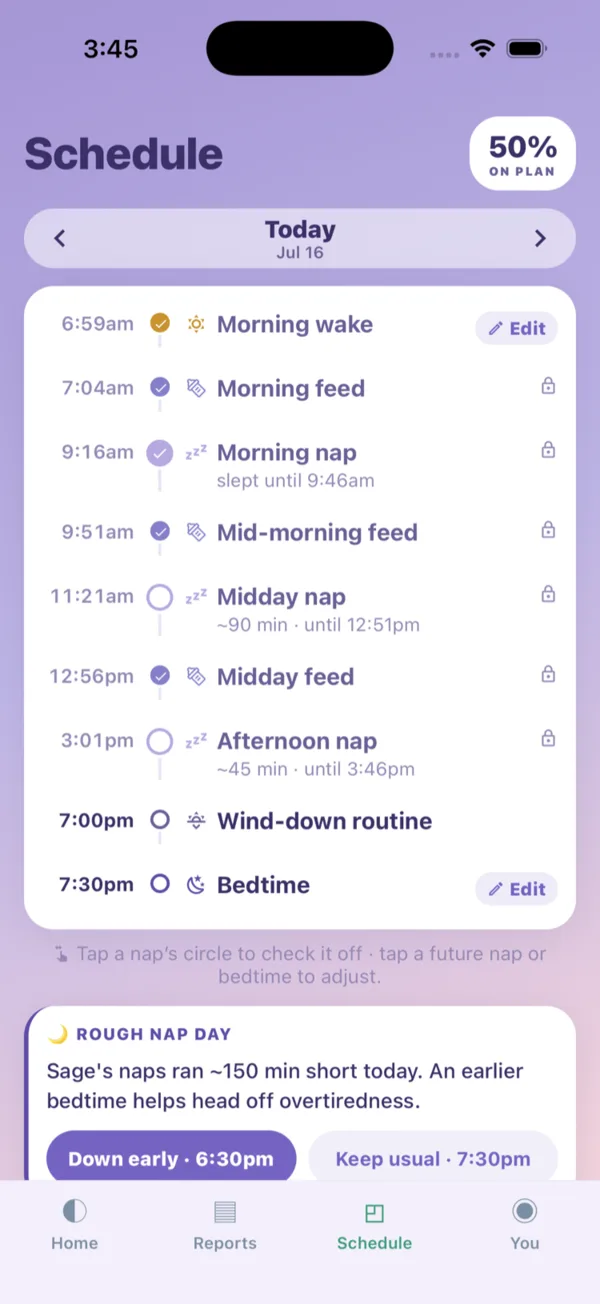 Cradle schedule screen showing today's plan from morning wake to bedtime with check-off circles.